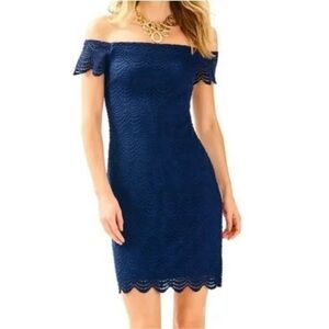 Lilly Pulitzer Jade Dress In True Navy Scalloped Shell Lace Size S Off Shoulder